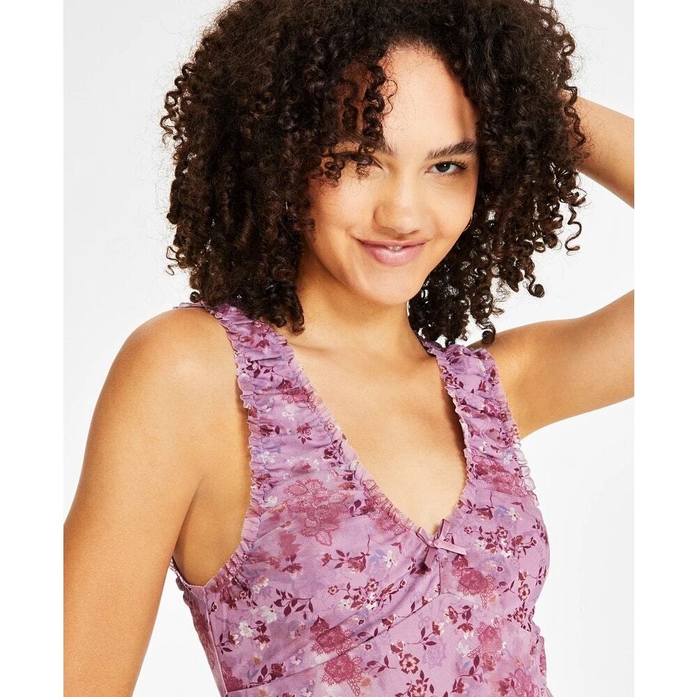 Hippie Rose Mauve Floral Ruched Mesh Mini Dress - Picture 3 of 13